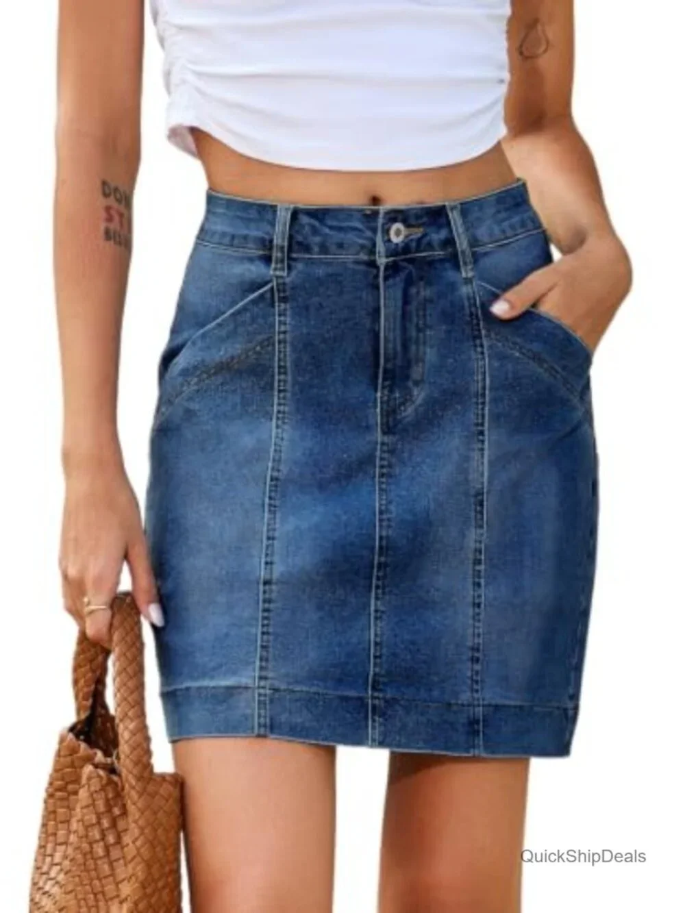 High Waisted Stretch Mini Denim Skirt with Pockets